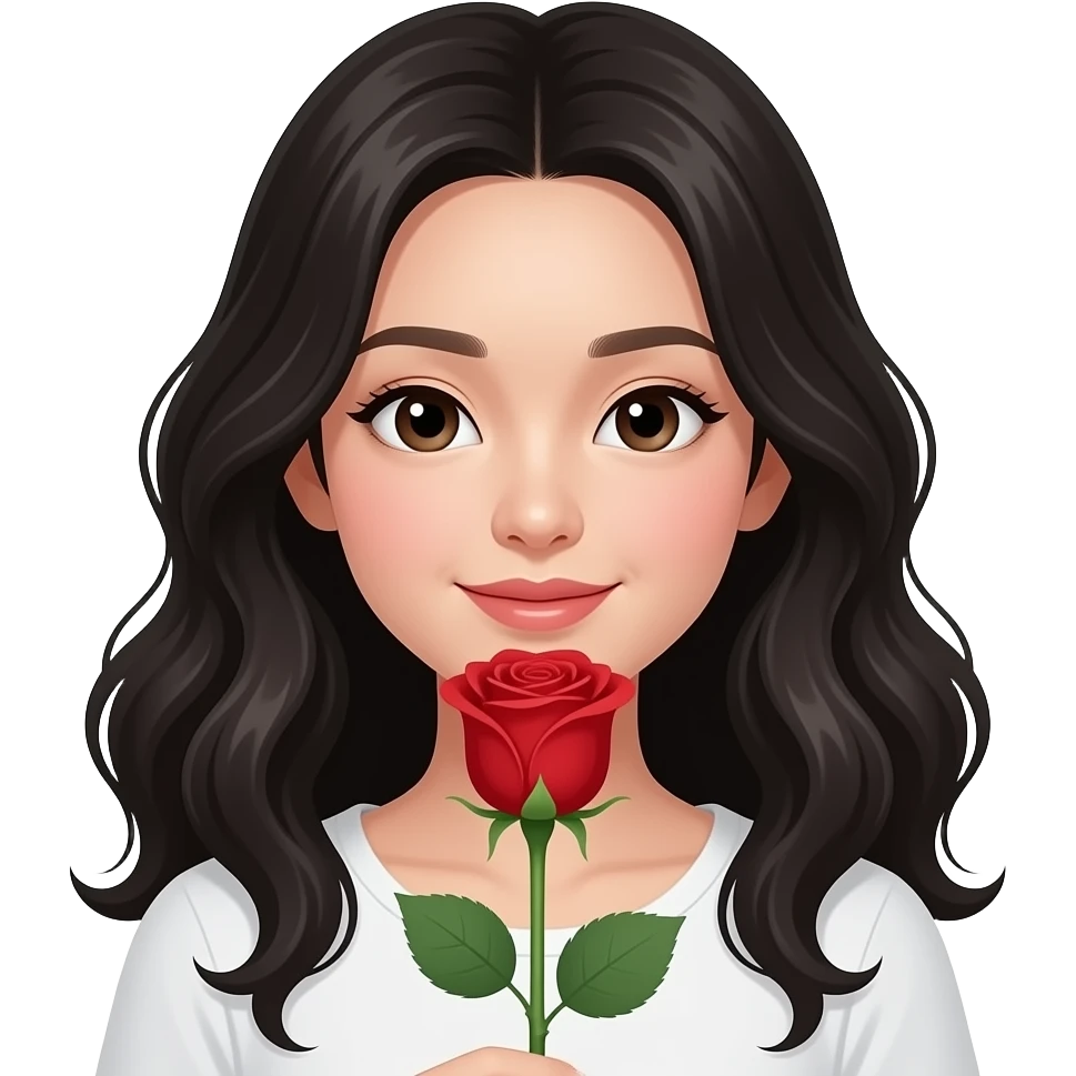 Mujer asiática recibiendo una rosa, que la chica sea piel muy clara, cabello ondulado y negro y con ojos asiáticos emoji