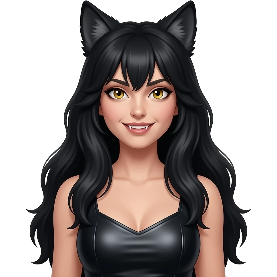 > “Female lycan portrait looking front, long black hair, wolf ears, subtle fang smile, sharp golden eyes,sleeveless dark leather dress, dark fantasy card art style, centered composition, dark background” emoji