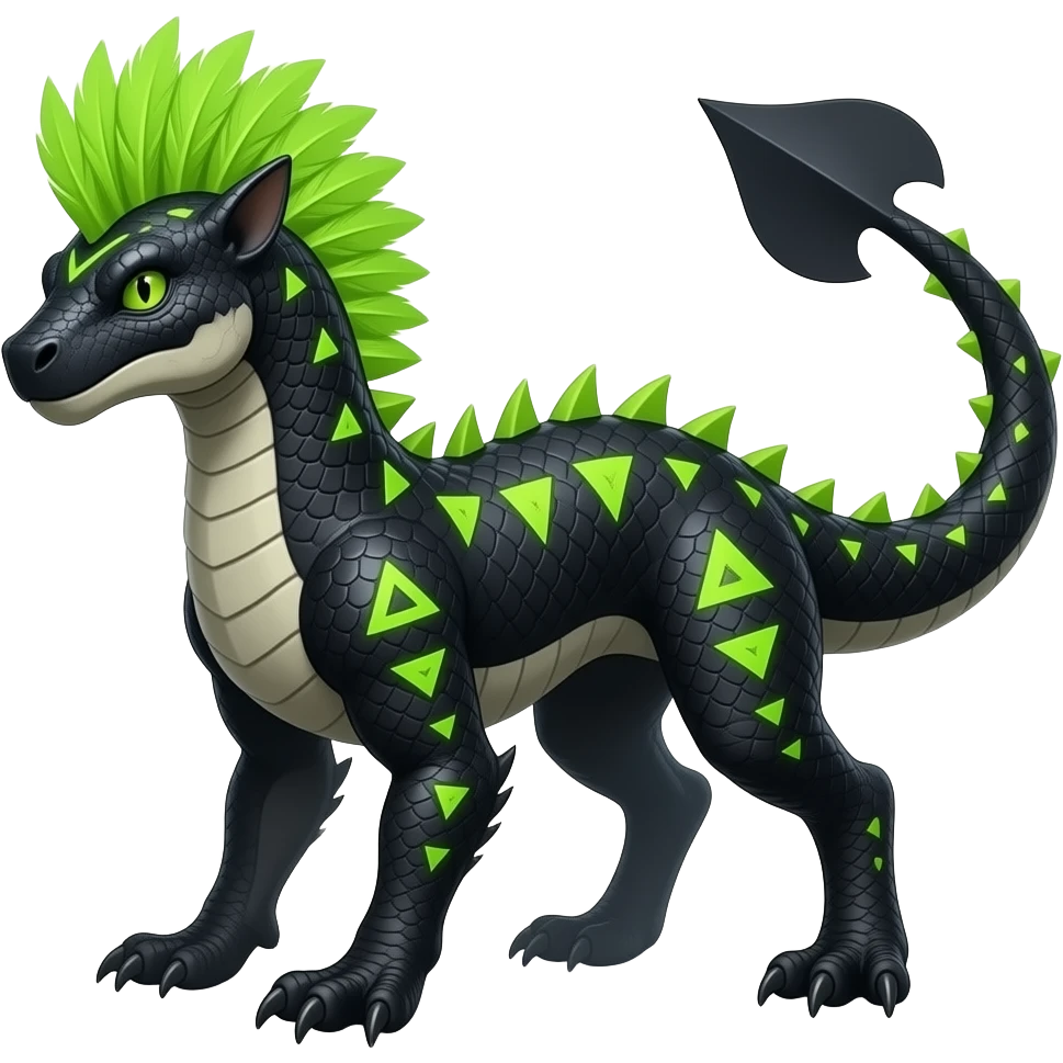 Cool edgy ancient black-scaled with neon-green triangular stripe markings digitigrade vintage futuristic raptorik fantasy-Cyberpunk-Steampunk-Solarpunk-Genesect-Salamence-Tyranitar-Vernid-Fionbri-Fakémon-animal-hybrid, with neon-green feather-Mohawk, and a tail spade, with back spikes, full body emoji