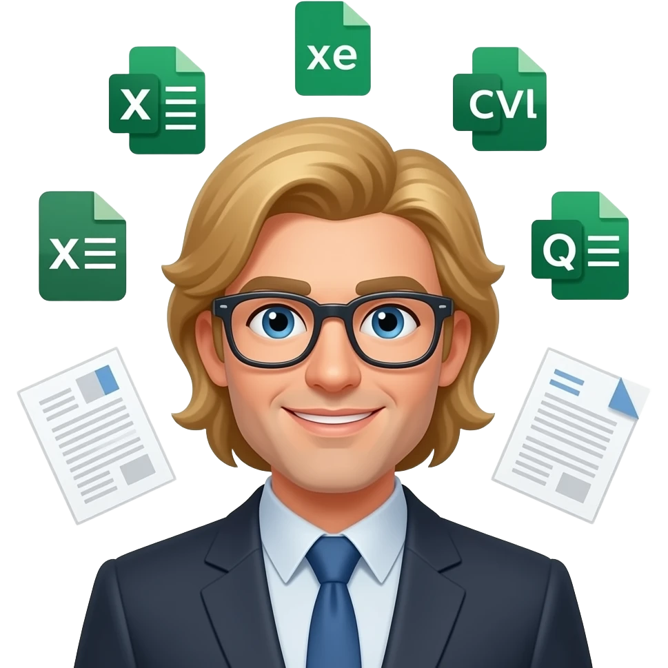 master data expert , ".xls", ".csv", ".xml" sheets and docs around his head , blond long hair emoji