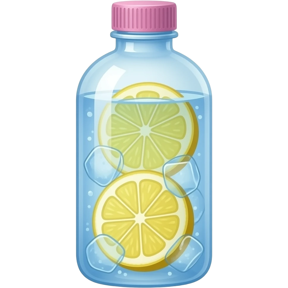 Pink water bottle with ice cold blue water with lemon slices emoji