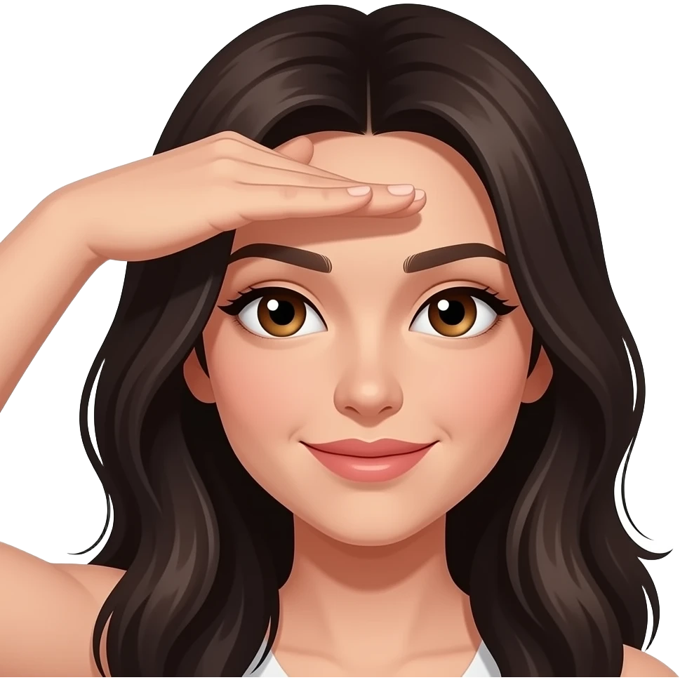 woman with long dark hair and brown eyes making L shape with hand on forehead emoji