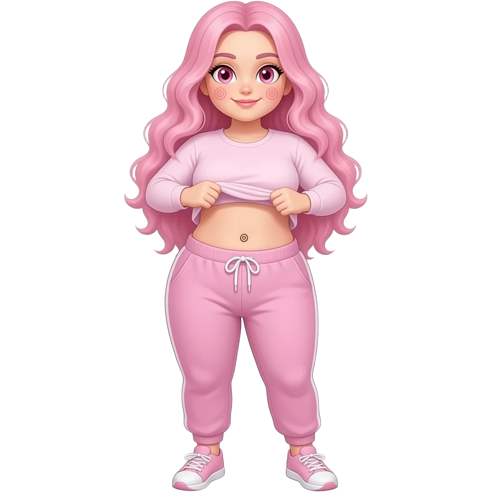 White fat girl pink eyes light pink swirly long hair pink swirl cheeks light pink plain long sleeve shirt light pink plain gym pants light pink shoes lifting her shirt showing swirly belly button emoji