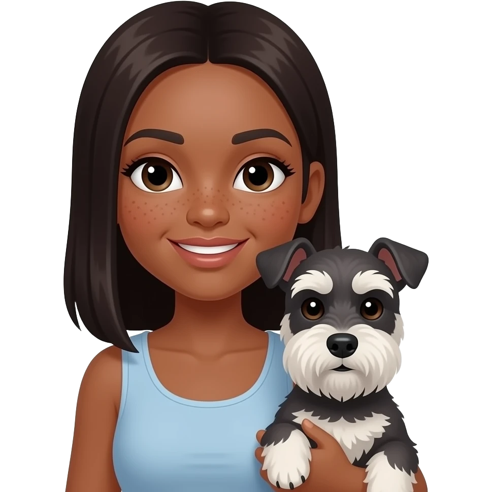 beige skin visible freckles and dark brown straight hair side part black woman with freckles mini schnauzer with white patch emoji