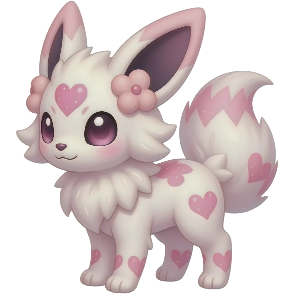Fuzzy cozy aesthetic Rosy beautiful gorgeous pretty Petite shiny glossy sparkly romantic pastel damask Absol-Sylveon-Amaura-Aurorus-Espeon-Fakemon-hybrid with heart sparkle patterns emoji