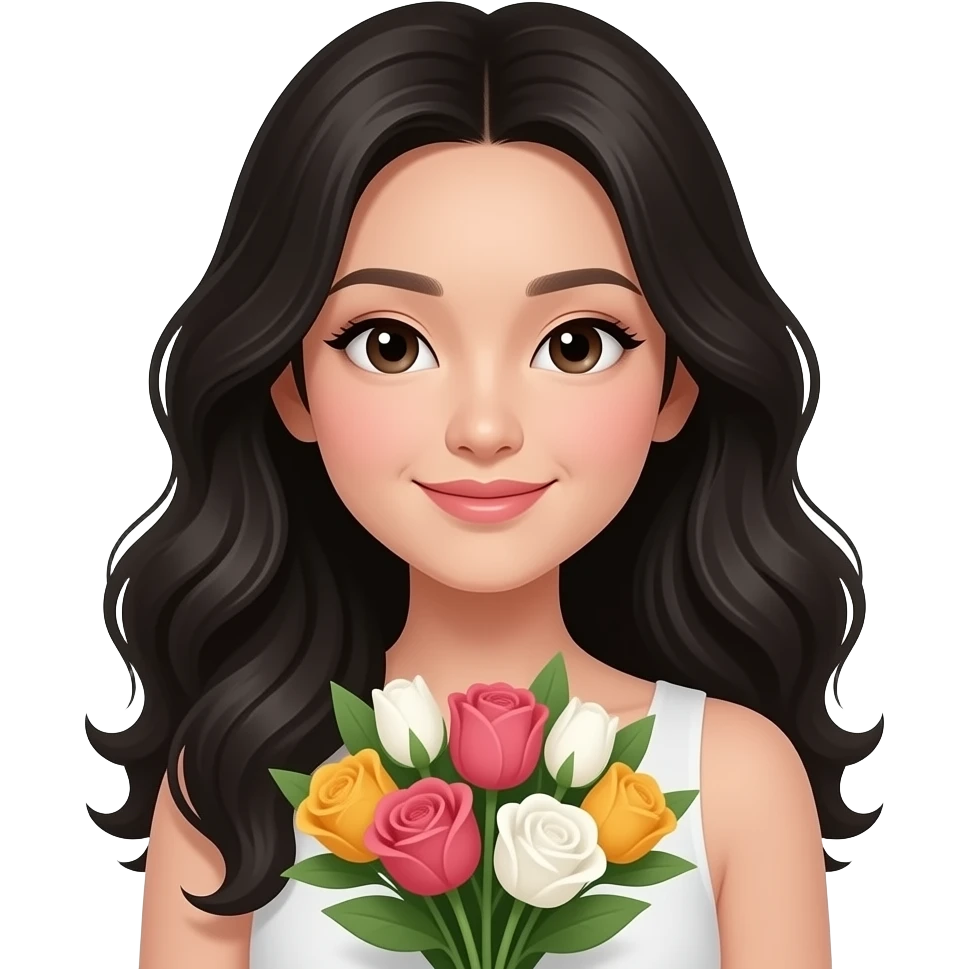 Mujer asiática recibiendo unas flores, que la chica sea piel muy clara, cabello ondulado y negro y con ojos asiáticos emoji