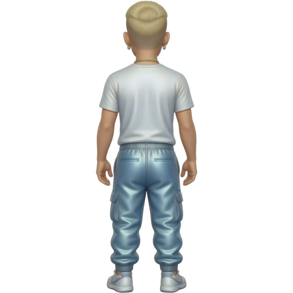 Eminem from behind with blonde buzz cut hair, white metallic t-shirt, light steel blue metallic saggy joggers, necklace and earrings emoji