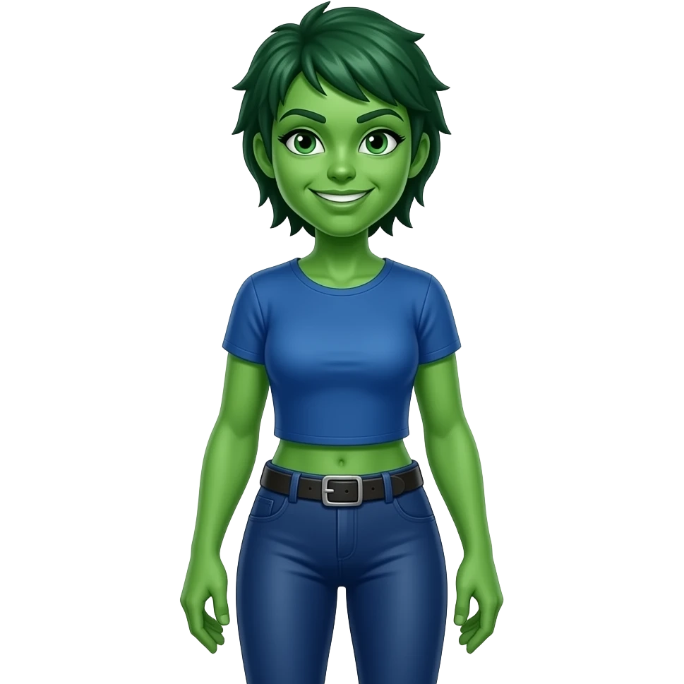 Full body woman green she-hulk wearing blue outfit tshirt and tights with pixie mohawk emoji