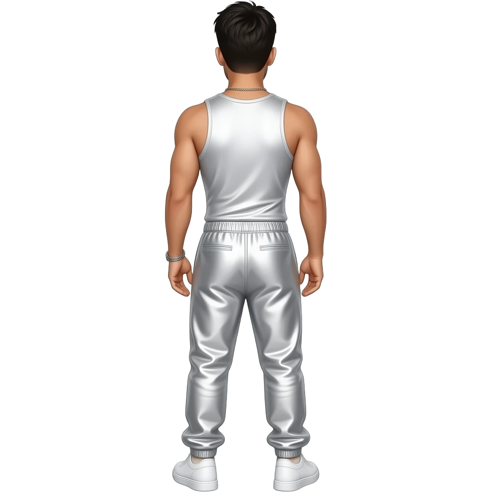 AJ McLean from behind with black hair, white metallic tank top, white metallic baggy joggers, white shoes emoji