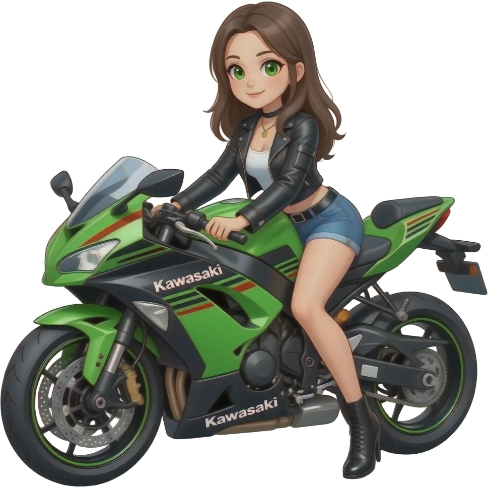 A girl that she's on the a kawasaki motorcycle in a dark style with green eyes and bossy  clothes emoji