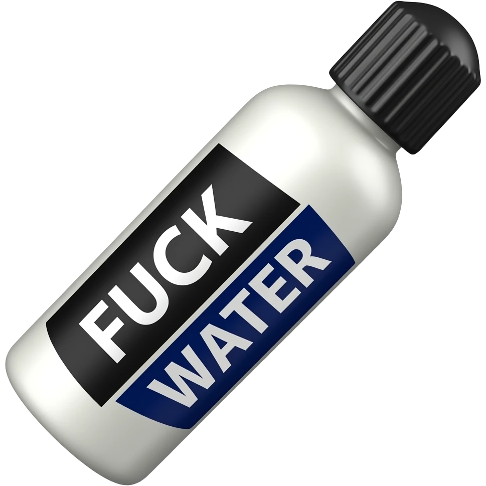 long very skinny squeeze bottle with black cap with white liquid in it with a white and dark blue vertical label that says FUCK WATER but the fuck is white text with a black background and water is white text with a navy blue background so it’s split in half. but the label is sideways emoji