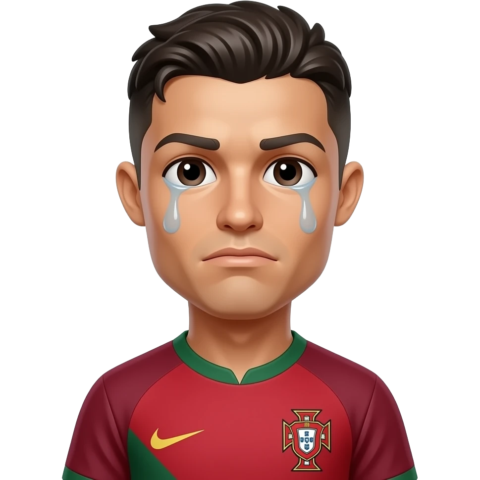 Cute man Cristiano Ronaldo, Portugal jersey, crying with tears, sad eyes, glossy 3D emoji sticker, white outline, transparent background, ultra detailed. emoji