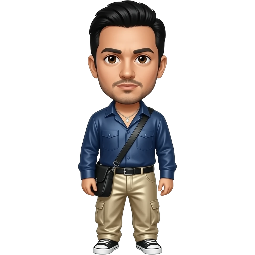 Chino Moreno with brown eyes, black hair, navy metallic shirt, beige metallic baggy pants, necklace emoji