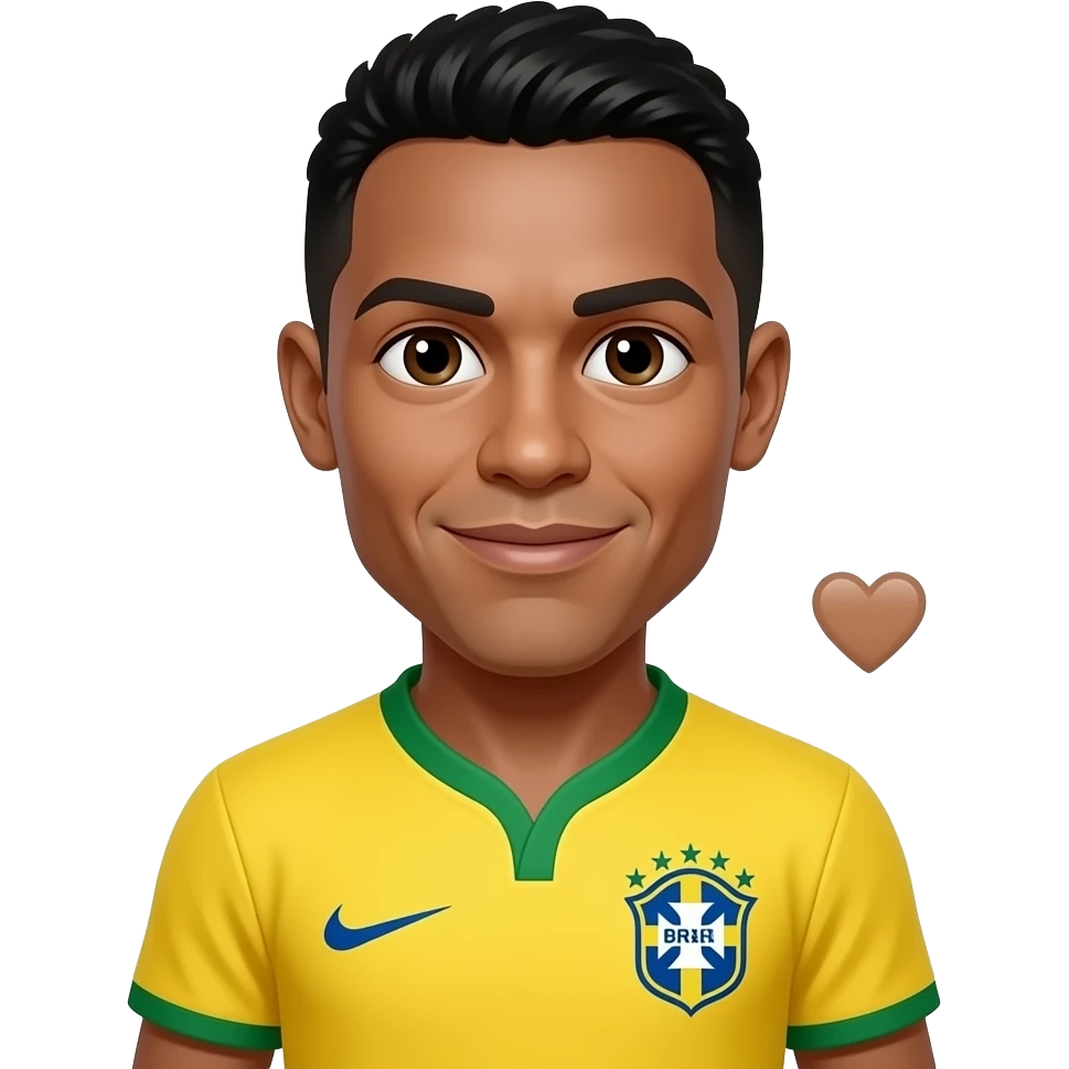 Ronaldinho emoji, SAME Brazil jersey, chest-up, centered, 1 ❤️ randomly floating on chest area, glossy 3D emoji style, no text. emoji