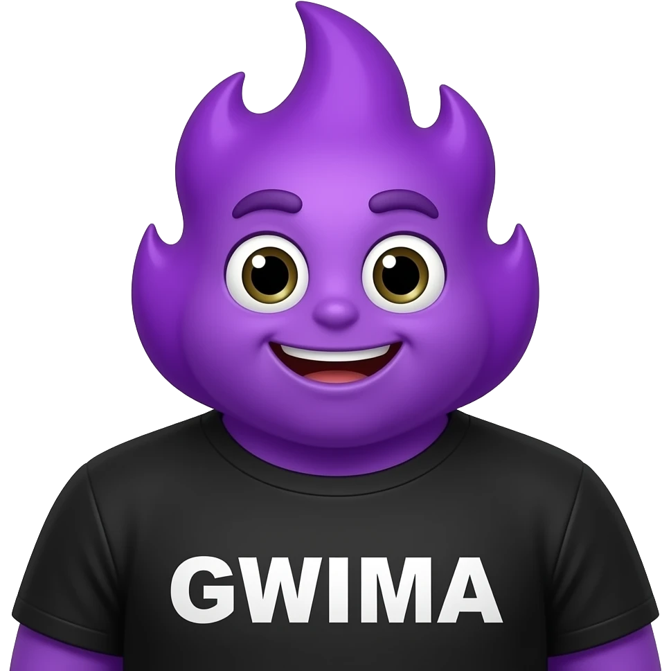a giant purple fire emoji wearing a black tshirt that says GWIMA emoji
