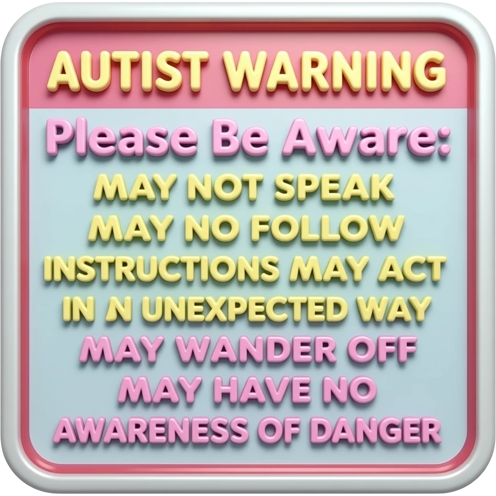 Primary Color Bubbly Cute Relief Primary Colors Girly Scribbly Font says "AUTIST WARNING: Please Be Aware: MAY NOT SPEAK  MAY NOT FOLLOW INSTRUCTIONS  MAY ACT IN AN UNEXPECTED WAY  MAY WANDER OFF  MAY HAVE NO AWARENESS OF DANGER" only text primary colors childish font COLORFUL!! 3D Gel emoji