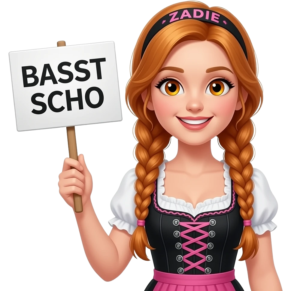 sexy girl with overlong ginger braids and ginger eyes wearing a black pink dirndl and a black pink headband with ZADIE written on it, is holding a sign with BASST SCHO written on it emoji