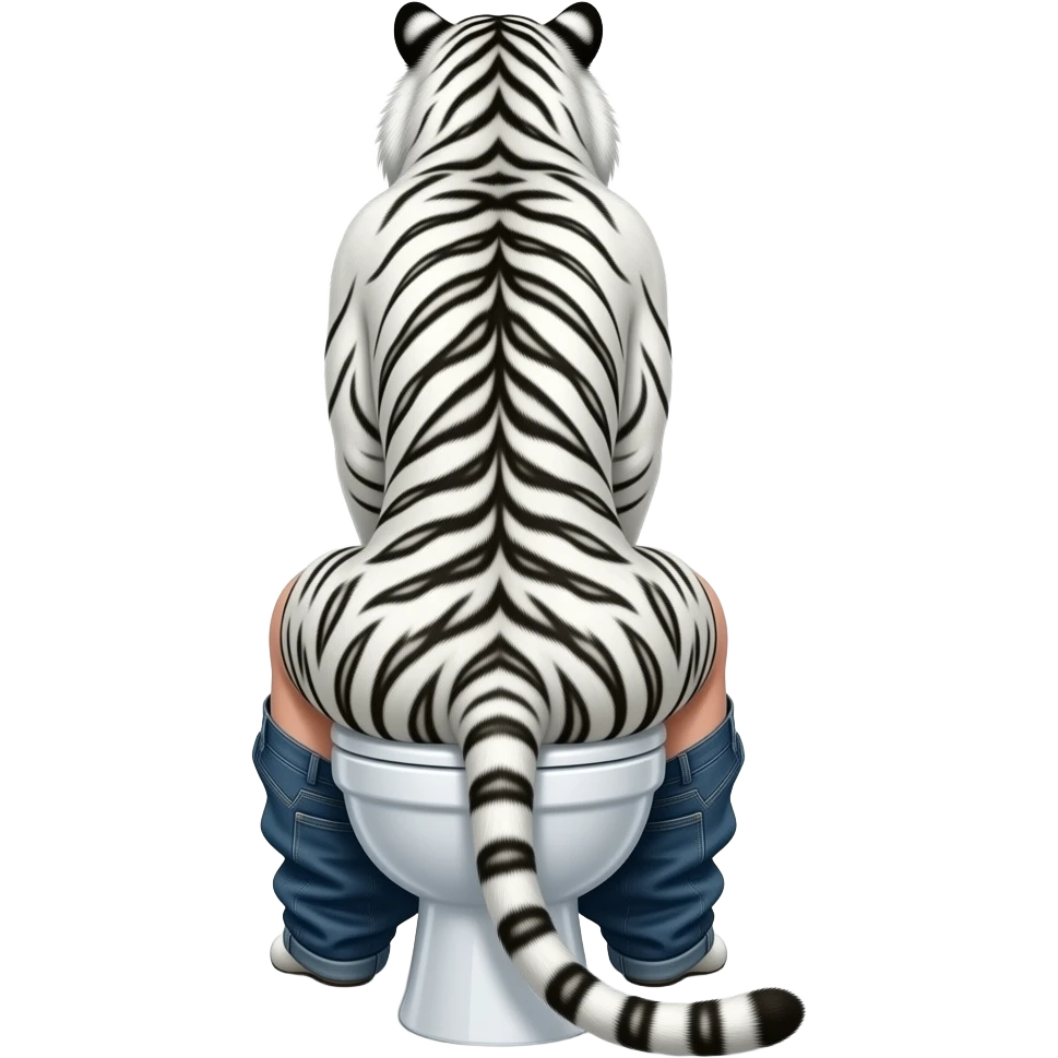 Female white tiger furry person woman sitting on toilet down pants to floor,butt view emoji