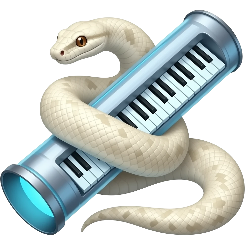 albino boa constrictor wrapped around futuristic tubular musical keyboards emoji