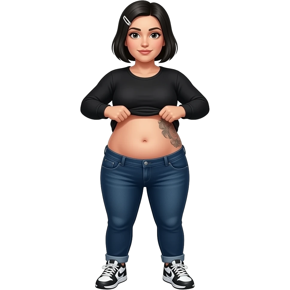 White woman with black short hair, white hair clip, black long sleeve shirt, dark blue jeans, white and black sneakers, and a chubby body lifting her shirt to show her chubby belly with belly tattoo emoji