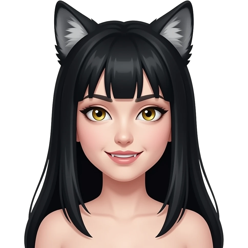 Female lycan portrait looking front, long black hair, wolf ears, subtle fang smile, sharp golden eyes, pale skin, dark fantasy card art style, centered emoji