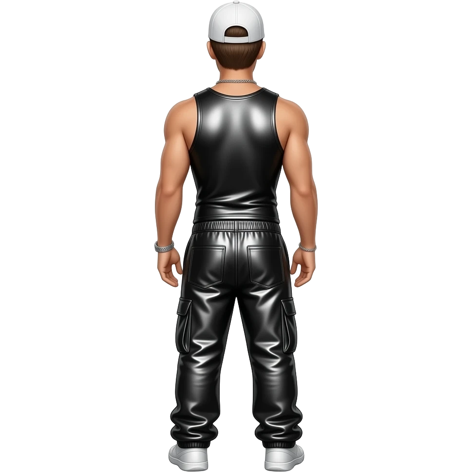 Nick Carter from behind with white cap, black metallic tank top, black metallic saggy joggers, necklace emoji