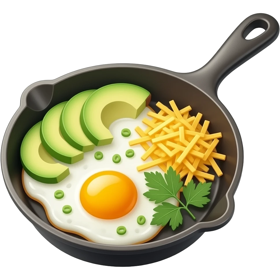 scrambled eggs in skillet with avocado slices cheese and herbs emoji