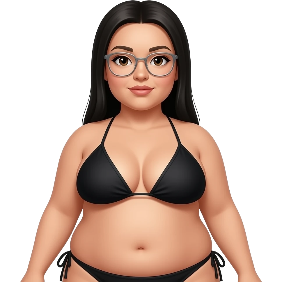 chubby woman with long stright black hair, silver thin framed glasses, black bikini belly rolls emoji
