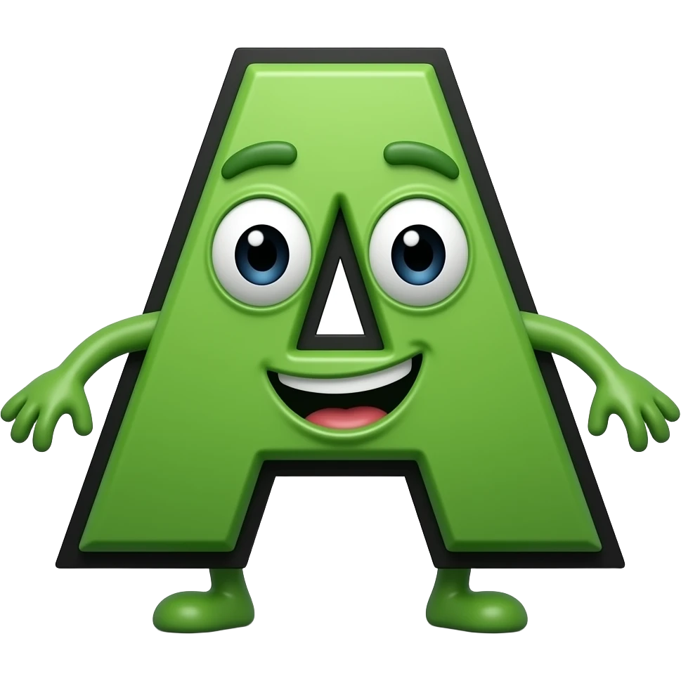 Bfdi Fanon letter charachers (with eyes, mouth, feet, and arms) letter a (green uppercase letter with black outline) emoji