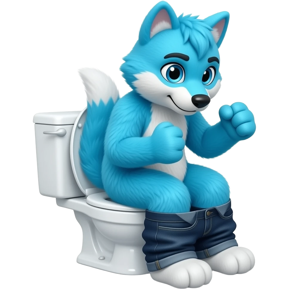 Blue fursuit sitting on bidet, pants down, side view , both fists , uncomfortable, emoji