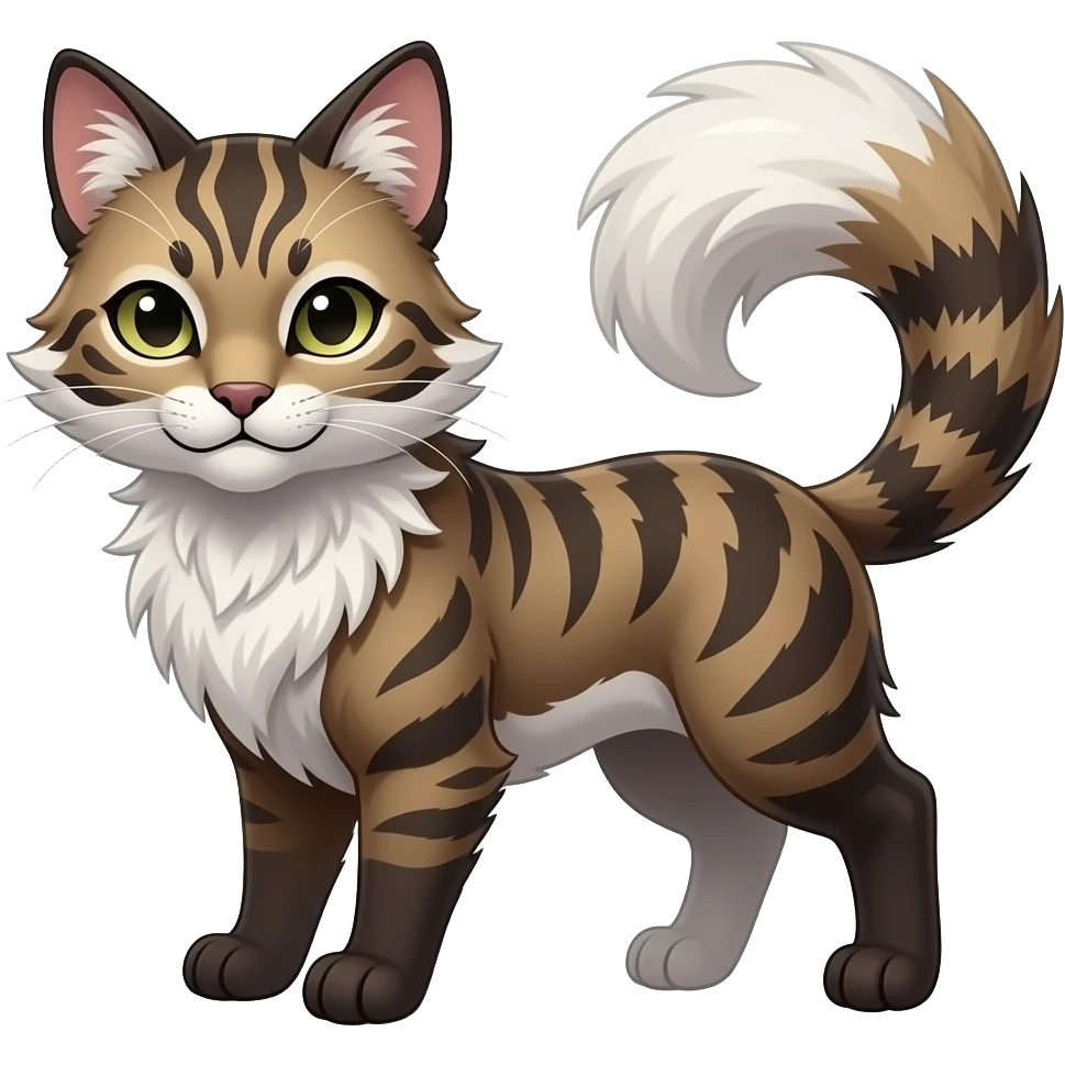Kawaii dark edgy brown beige white fantasy ethereal feline-vernid-sergal-rocruff-fursona animal creature with a tufted tail full body with intricate markings emoji