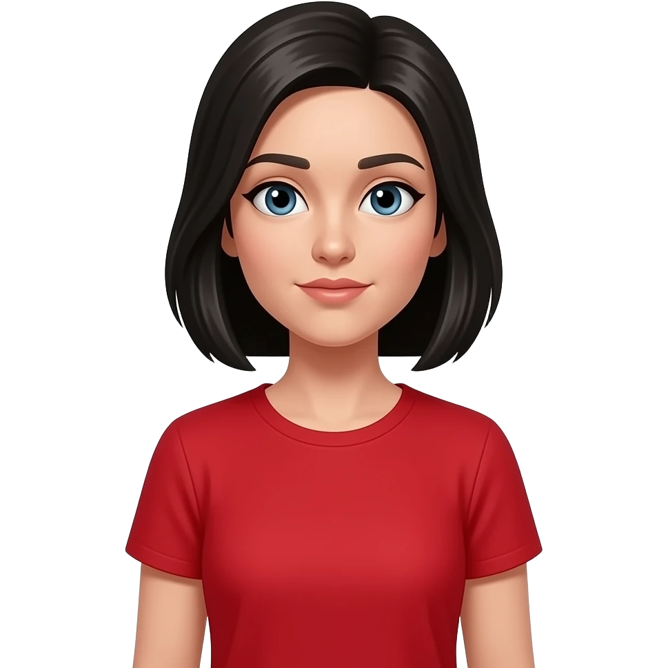 woman with black hair with a red shirt full body straight faced eye roll emoji