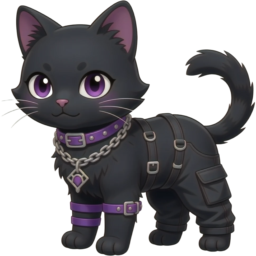 Gorgeous furry gothic dark techwear anime style anthro black cat furry sona Fakemon with blushing face aesthetic and pretty edgy black with violet collar and harness trending style chains cargo pants emoji