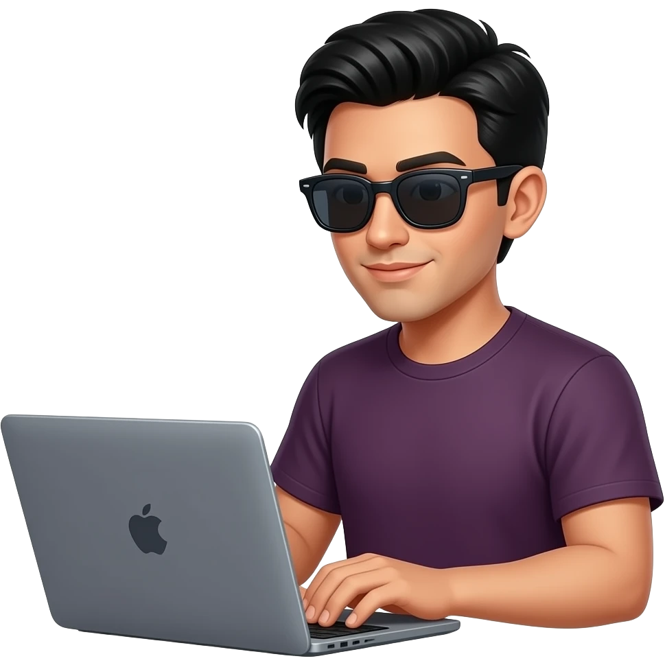 Create a emoji with a human (younger latin man, 30 yo with glasses rayban meta, black hair as Paul Atreides - Dune Character) working with a laptop MacBook Pro 16" space gray. The color of his t-shirt will be #6729D8 emoji