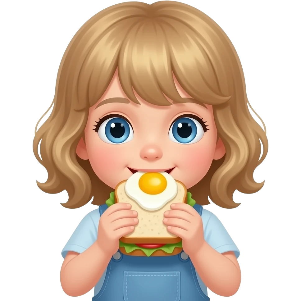 white kid blue eyes mid length hair to shoulders with bangs soft curly hair to shoulders in color: middle to little darker blond. eating breakfast, sandwich, eggs emoji