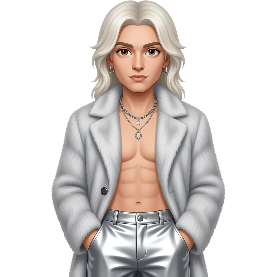 Bill Kaulitz with brown eyes, long platinum blonde hair, light grey fur coat, silver metallic baggy pants, shirtless with necklace and earrings emoji