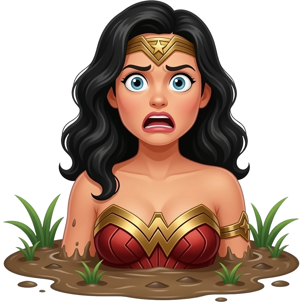 a tanned shocked terrified panicked voluptuous wonder woman chest deep in jungle quicksand emoji
