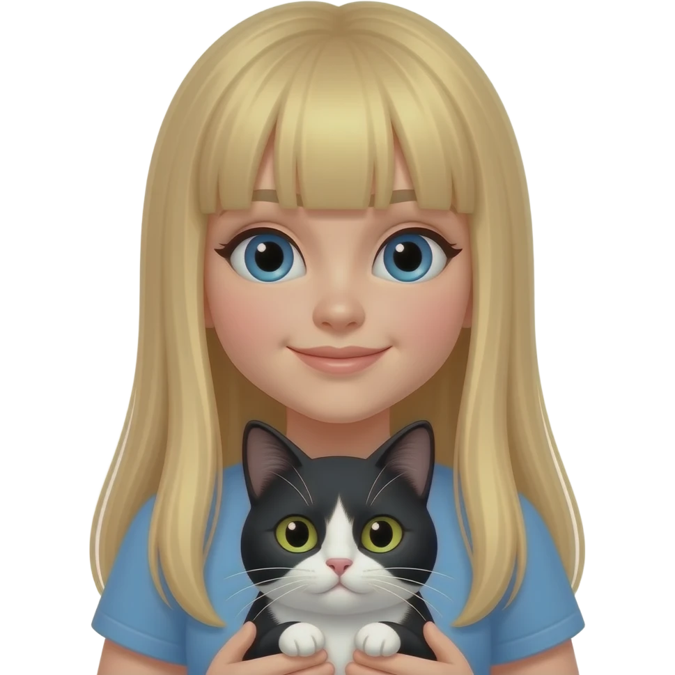 blue eye girl with long straight blond hair with black and white cat emoji