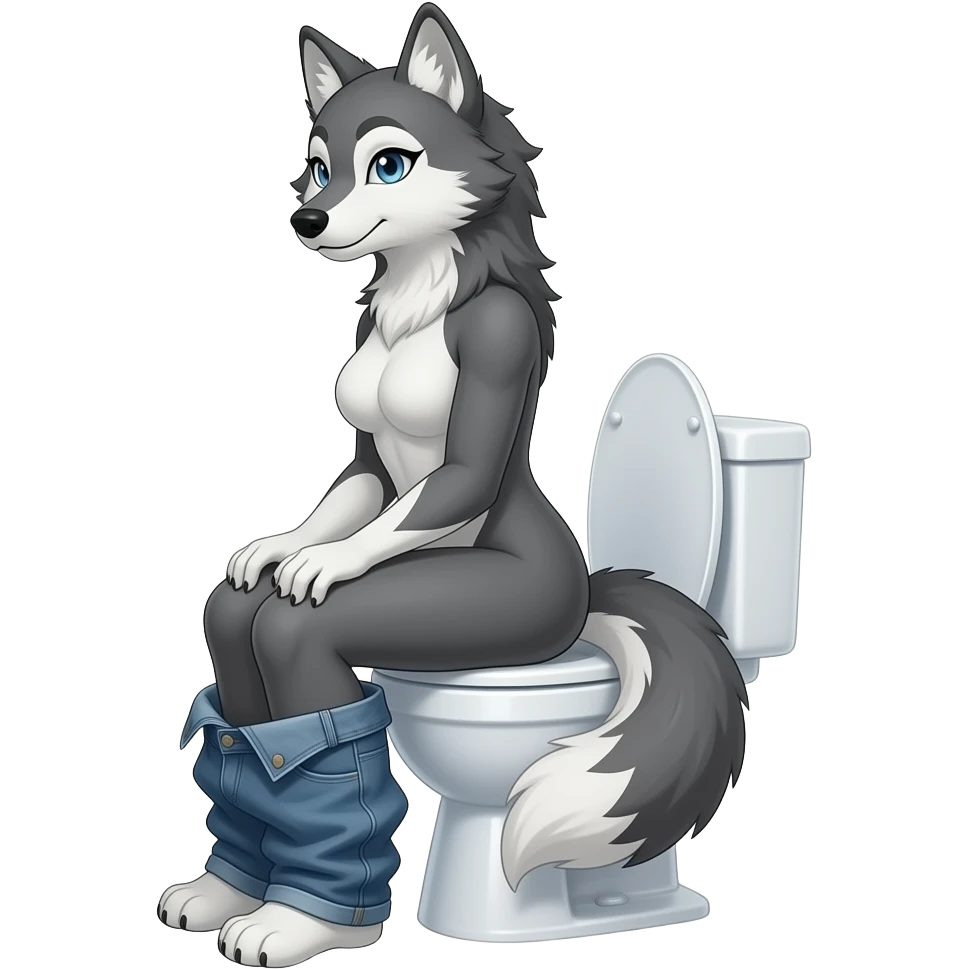 Female arctic wolf furry person woman sit on toilet pants off,side view,fursona emoji