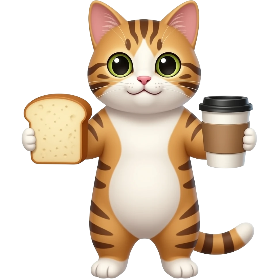 Un gato parado de dos patas con un pan en la mano y n la otra un cafe emoji
