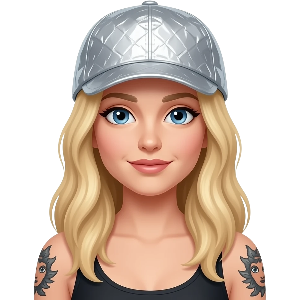 Small aluminum foil homemade kind of messy hat like a scally cap -on blond woman with long hair with arm tattoos emoji