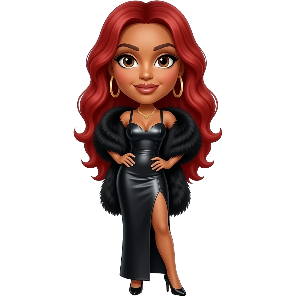 K. Michelle with dark brown eyes, long red hair, black fur shawl, black metallic long dress, black high heels emoji