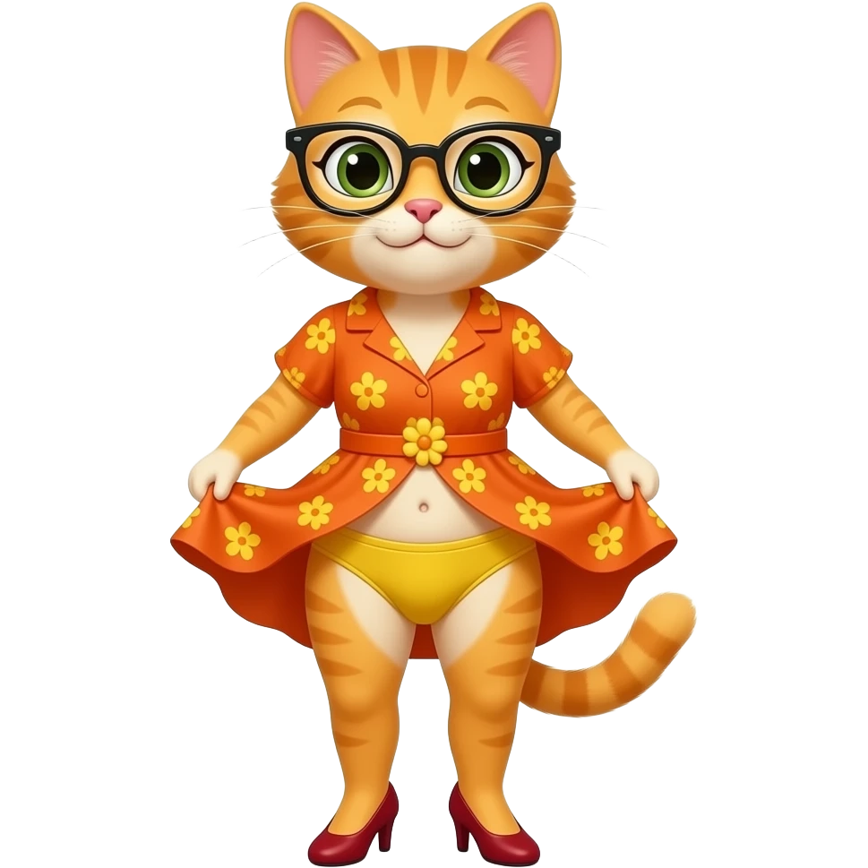 Mrs.Kat(Teacher(Orange-Yellow Mother Cat Of Kat(With Orange Short Dress With Yellow Flowers Without Plants Without Sleeves With Tiny Orange Belt With Yellow Flowers Without Plants, Dark Red High Heels Shoes And Black Eyeglasses))) Lifts Her Dress Up To See Yellow Panties And Belly Button By Wind. emoji