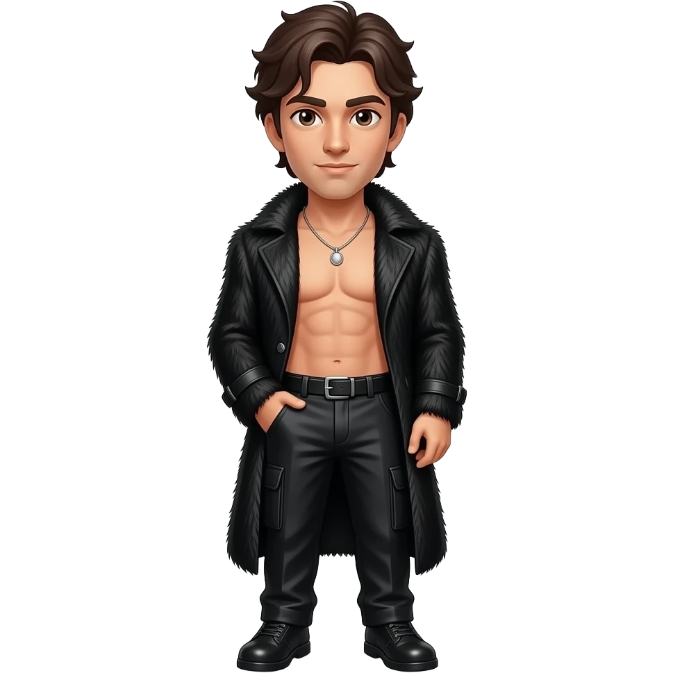 Gale Harold with fair skin, brown eyes, dark brown hair, black fur coat, black metallic baggy pants, shirtless with necklace emoji