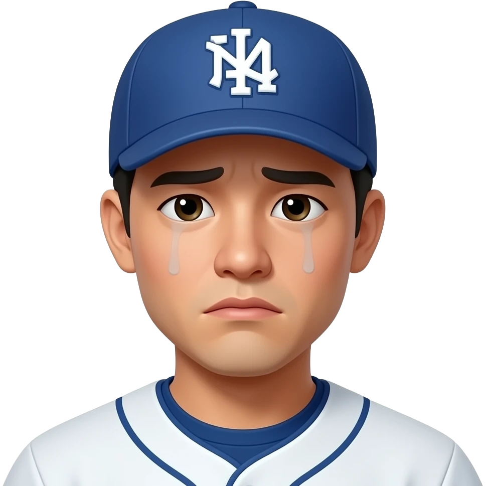 baseball fan, asian, 20s, only face, wearing ball cap, very sad emoji