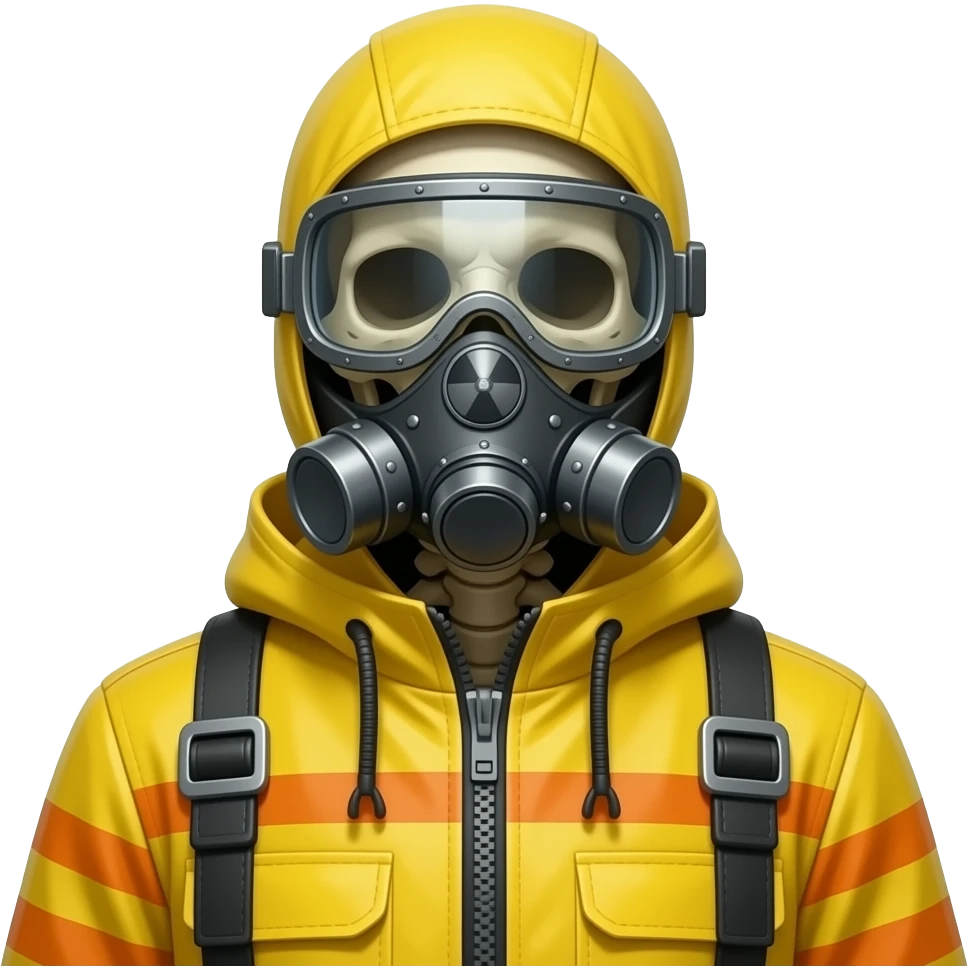 a skeletal figure wearing a radiation suit who embodies the phrase "See no evil, hear no evil, speak no evil" as well as a symbol of censorship. His eyes are covered by a riveted-on visor, his mouth is clamped shut, and his ears are closed with metal caps emoji