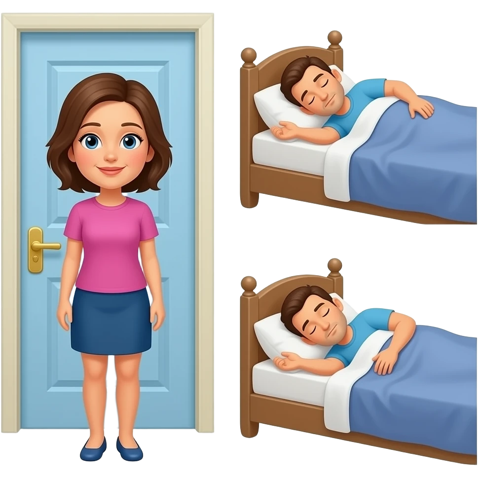 woman by room door with husband sleeping in bed, emoji