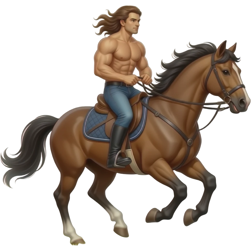 A Strong well built man riding a horse with Long hair in the wind blowing emoji