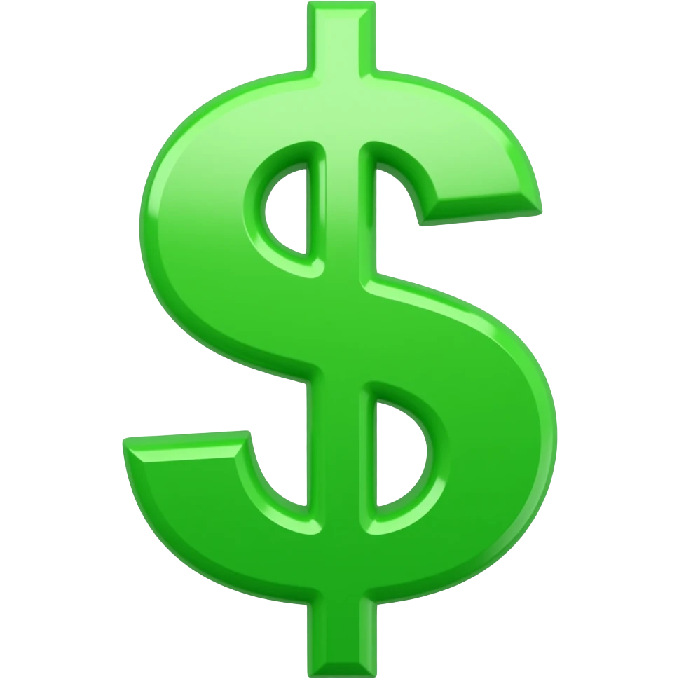 green dollar sign $, apple ios emoji style, glossy 3D, bright green, smooth, realistic lighting, centered, transparent background or green background, high resolution emoji