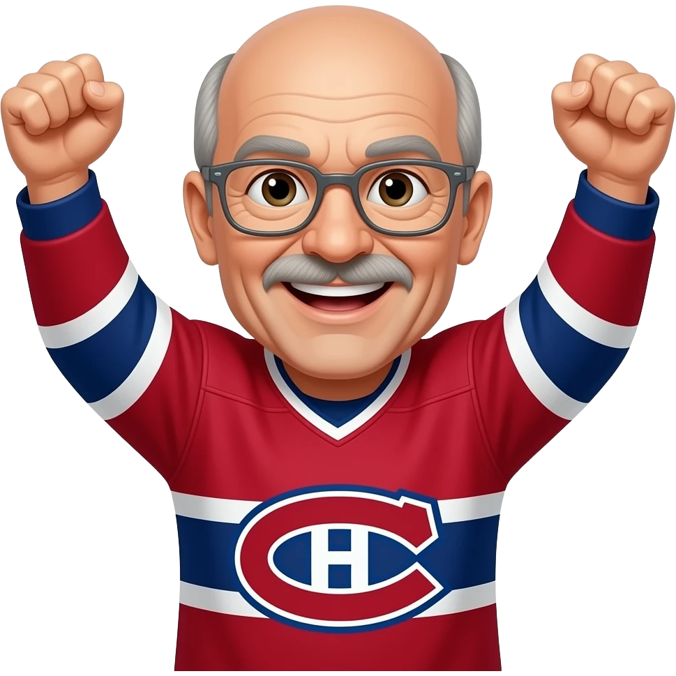 Mal, Brown eyes, bald, little mustache, thin gray glasses, 60 years old, Montréal Canadiens, smiling showing teeth, cheering arms up emoji